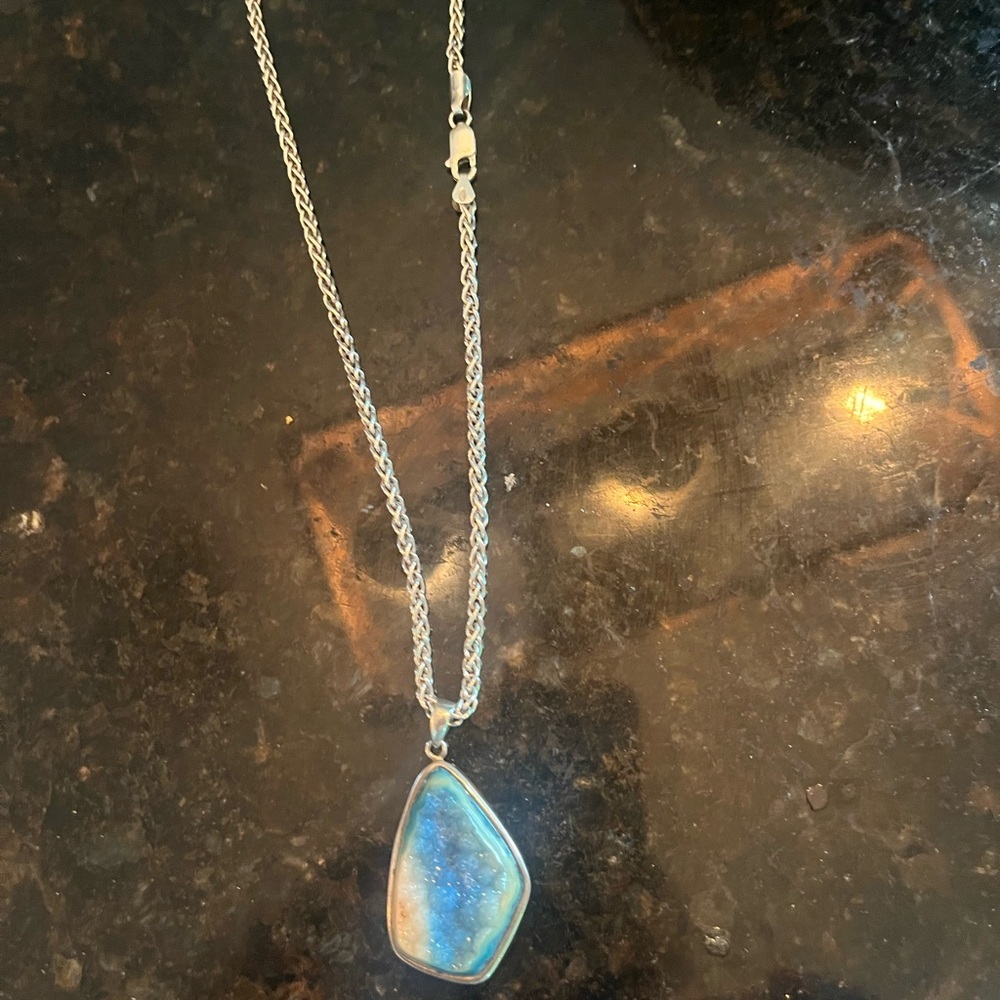 Blue Druze Pendant on Sterling Silver Necklace - Picture 2 of 6